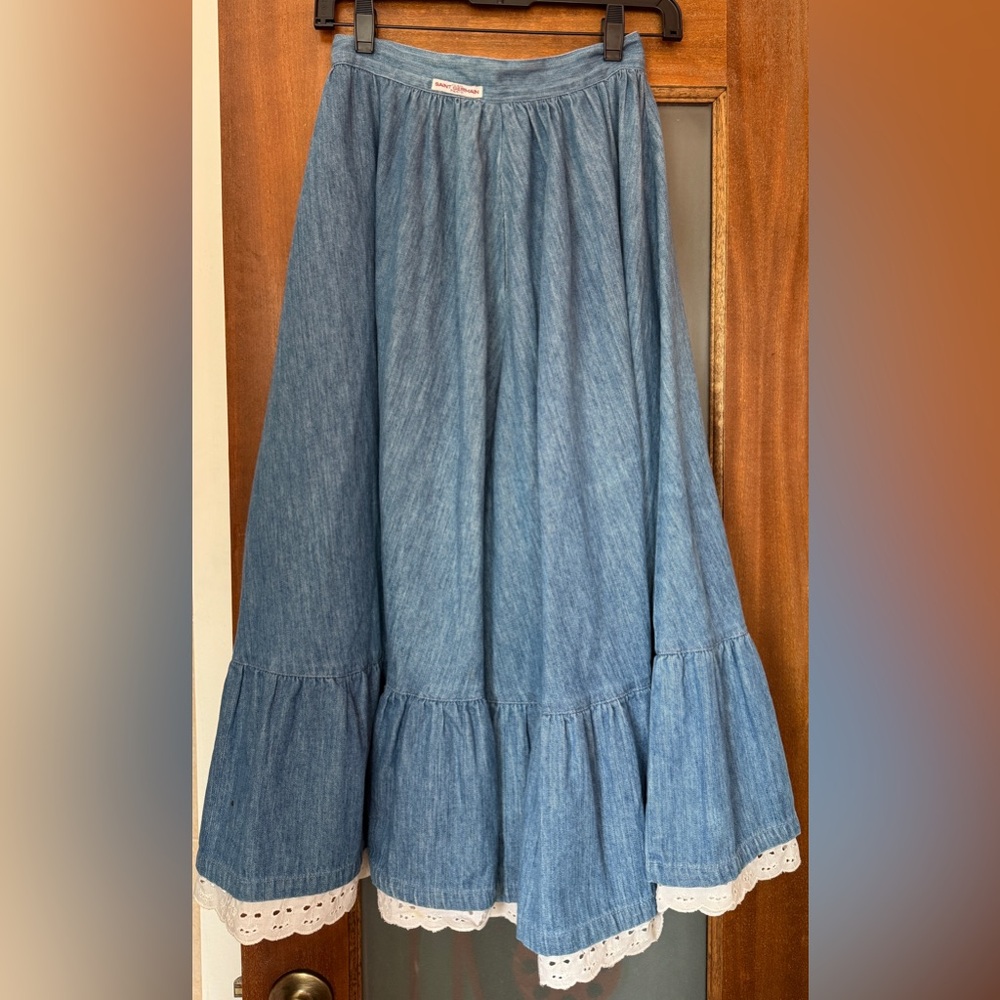 Jean Saint Germain Paris Vintage Chambray Eyelet Long Pleated Denim Skirt XS